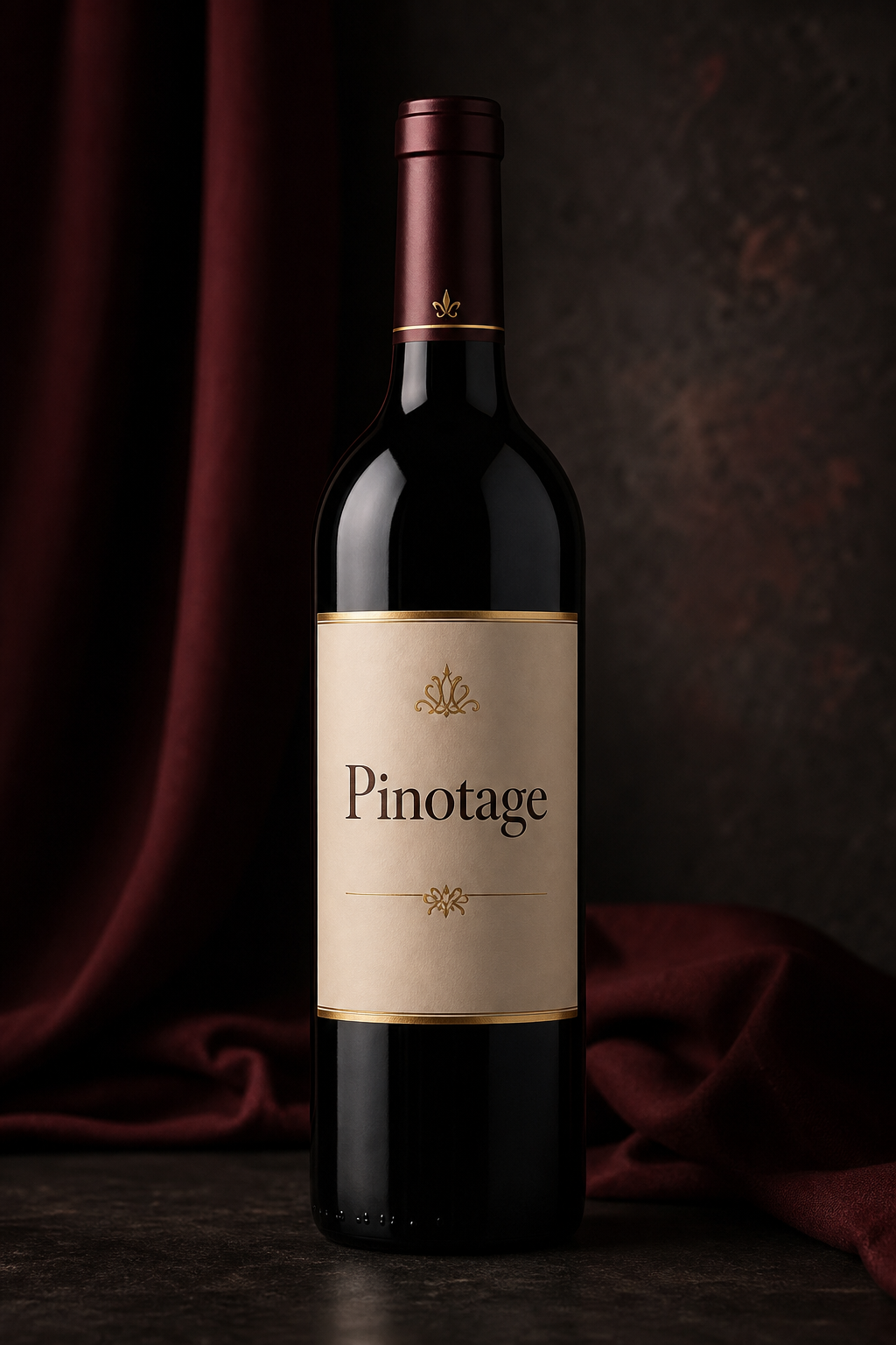 Pinotage bottle on a dramatic burgundy studio background.