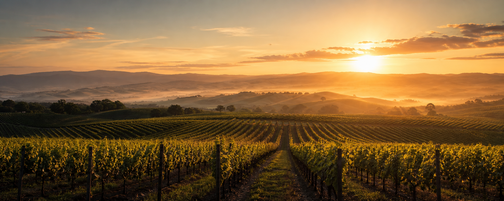 Vineyard rows leading toward distant hills at sunrise.