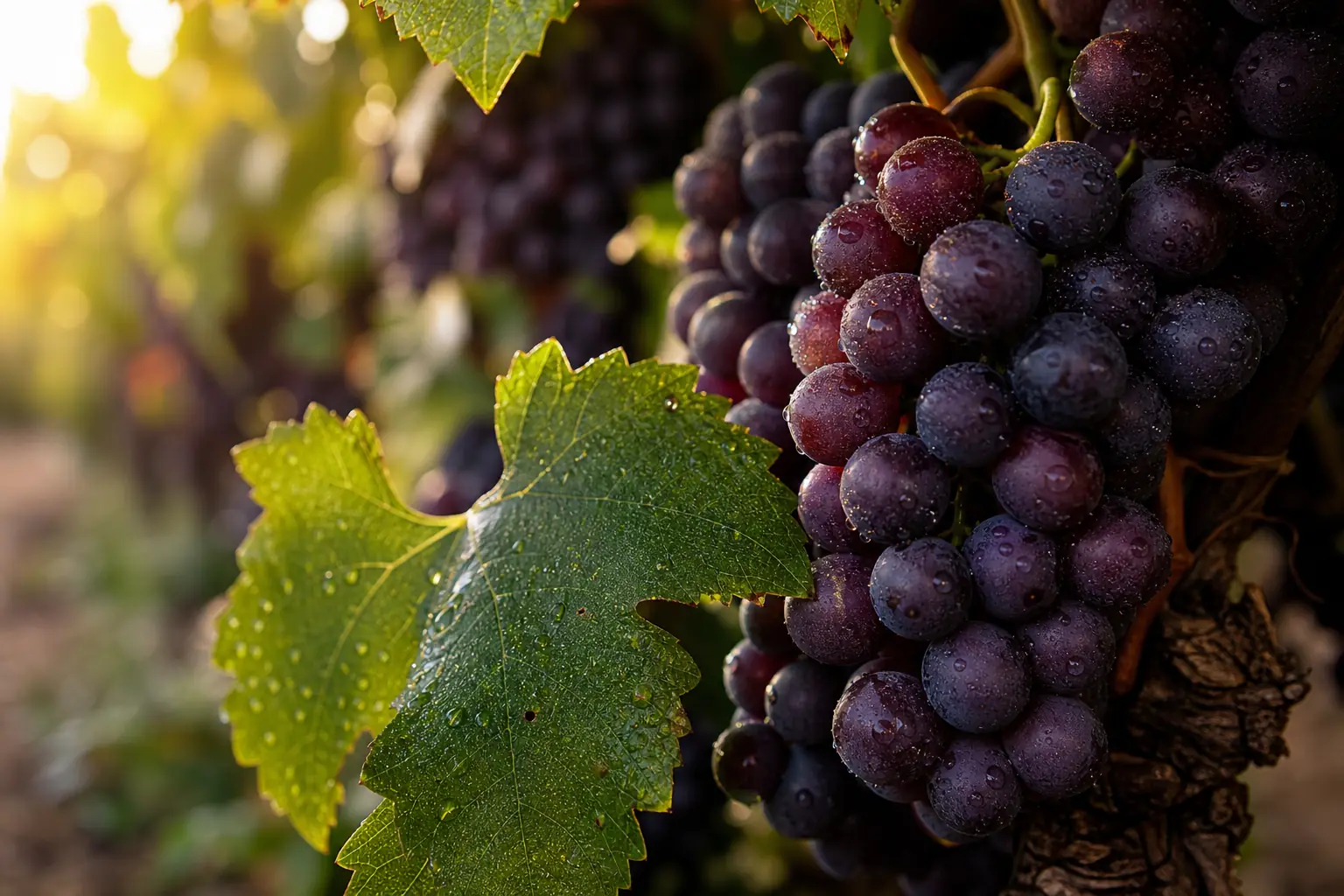 Dark Pinotage-style grapes on the vine with dewy leaves.