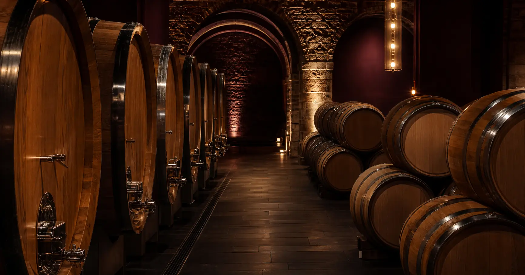 Warm wine cellar with oak barrels and low lighting.